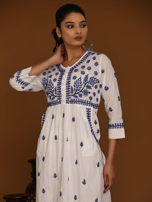 NOOR Chikankari Kurta With Pocket - White With Blue